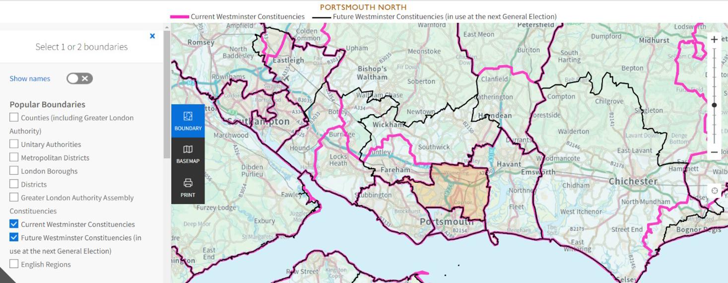 A screenshot of OS election maps showing boundary lines in Hampshire